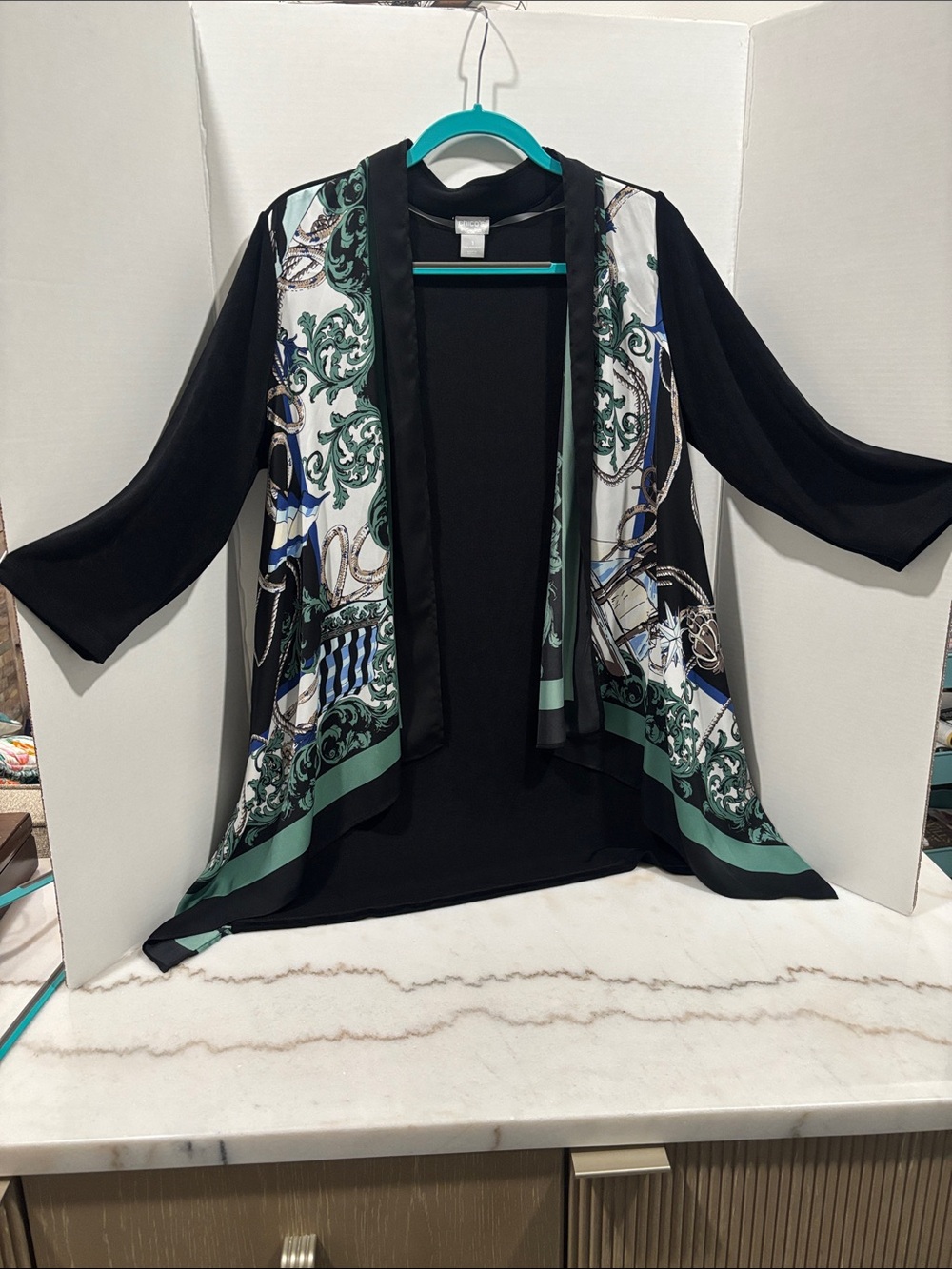 Chico's Black Open Front Kimono with Green and Blue Print